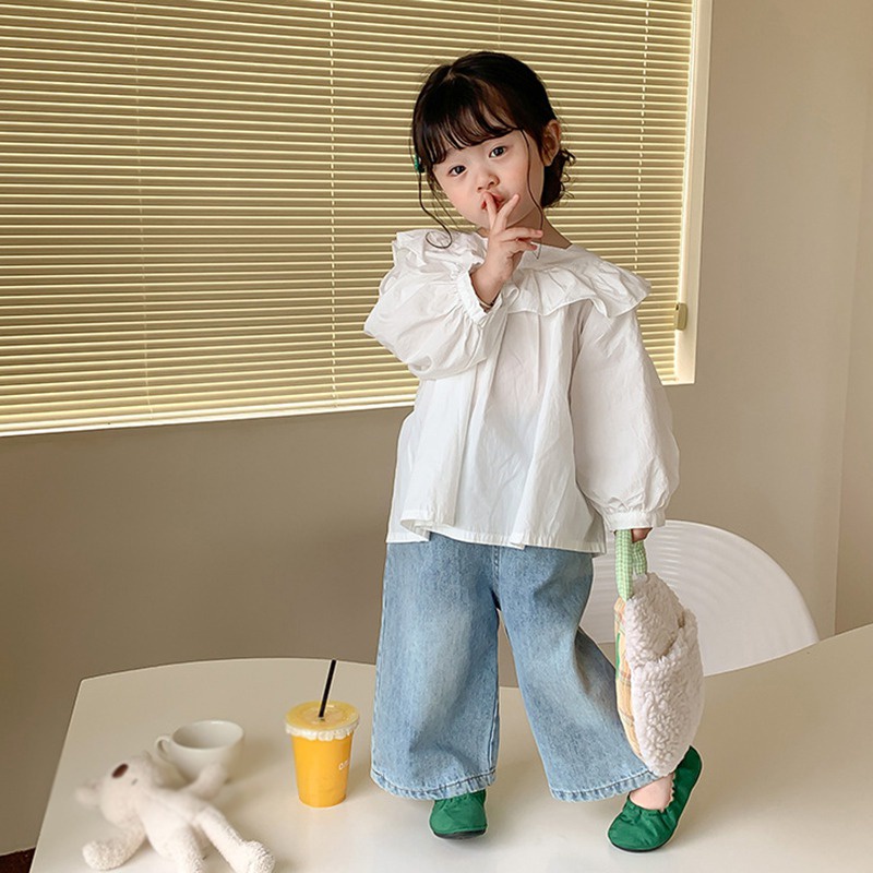 Áo Sơ Mi Trắng Tay Dài Phồng Phối Ren Chất Liệu Cotton Thời Trang Cho Bé Gái