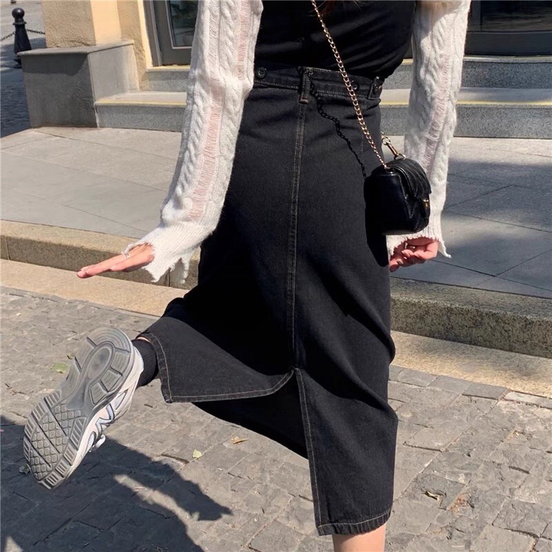 Chân Váy Denim Xẻ Tà Phía Sau Cạp Cao Retro Cực Hot Dẫn Đầu Xu Hướng Mới Nhất