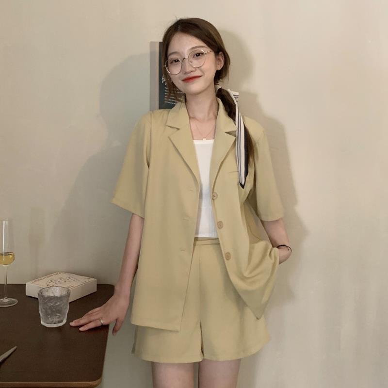 Summer 2021 New Style Short Sleeve Casual Suit Jacket Women + Loose High Waist Shorts Two Piece Suit / One Piece[delivery Within 3 Days ]