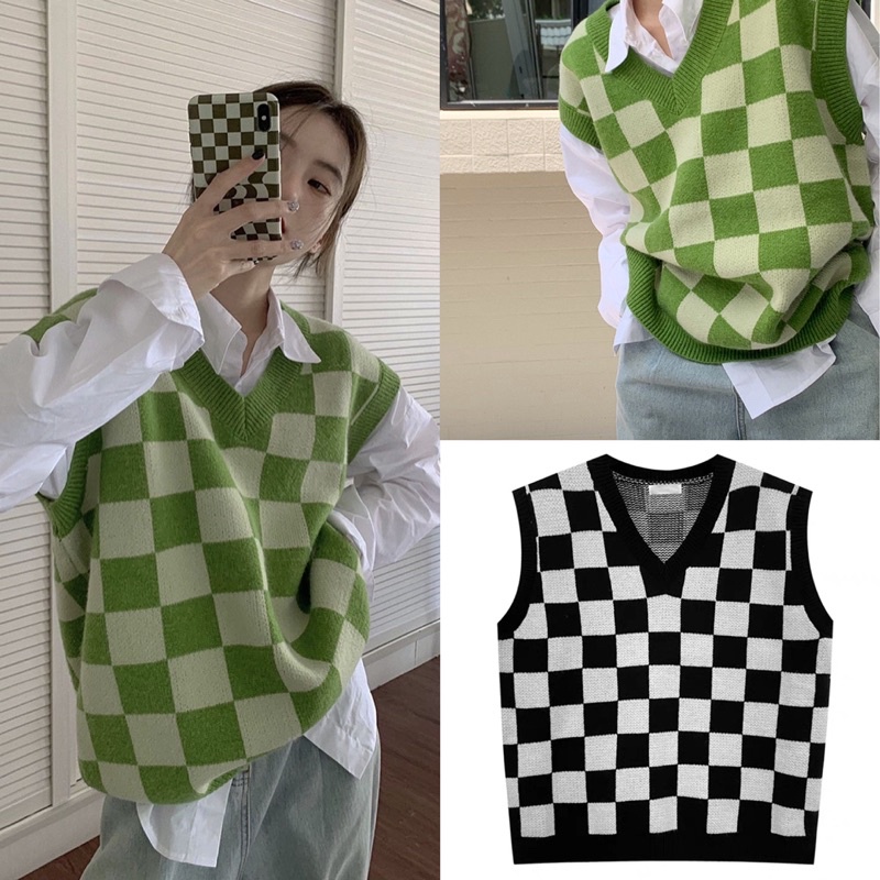 Áo gile hoạ tiết checker board len dệt kim cổ V phong cách hàn quốc korean xinh xắn
