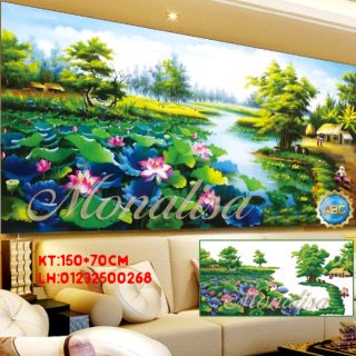 Tranh đính đá đầm sen tuyệt đẹp kt 150*70cm