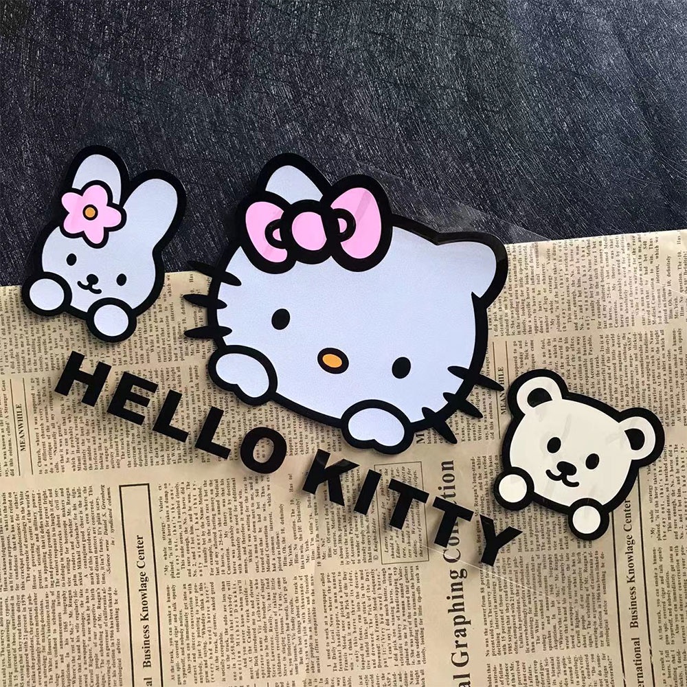 Decal DáN PhảN Quang HọA TiếT HELLO KITTY Và GấU 35Cmx16.5Cm Cho Xe Hơi / Xe MáY