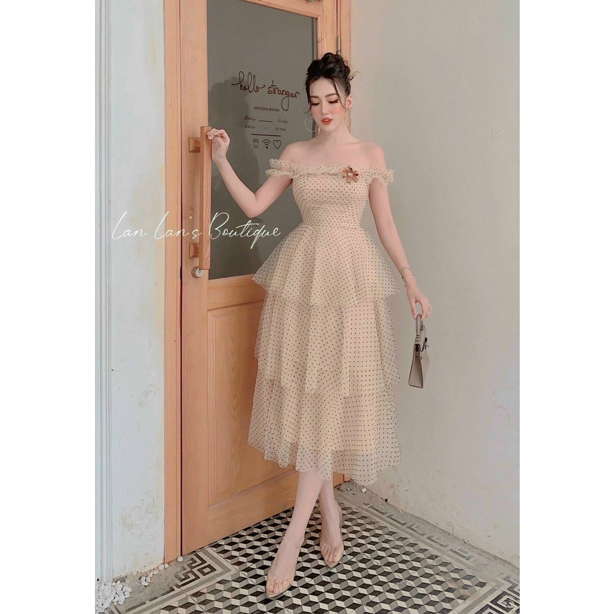 (Miễn Phí Ship 2022) Đầm nữ trễ vai dáng xòe tầng,đầm bi lưới có mút,chất đẹp tone màu tôn da sang chảnh,lên from xinh