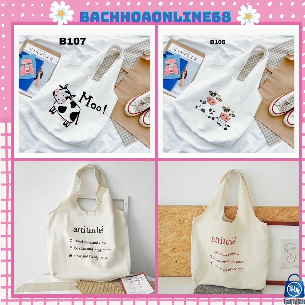 Túi tote vải đeo chéo canvas liền thân hoạ tiết ngộ nghĩnh Bachhoaonline68 556