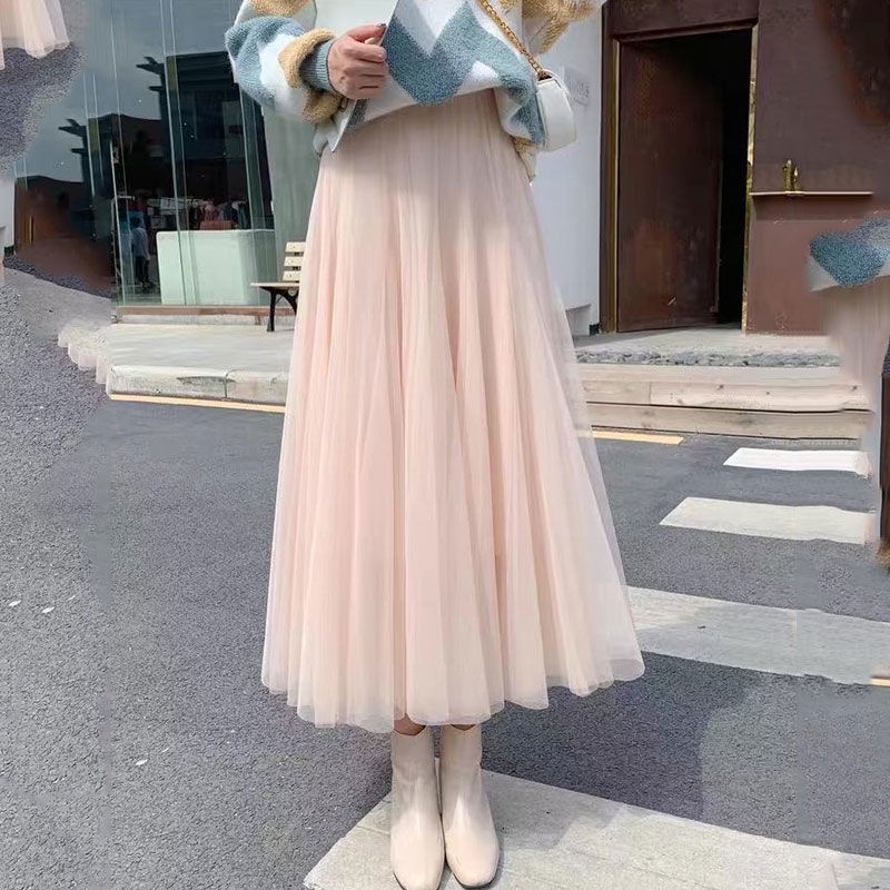 Chân Váy Lưới Dài Qua Gối Xếp Ly Dáng Dài Thời Trang Mùa Hè Hàng Mới