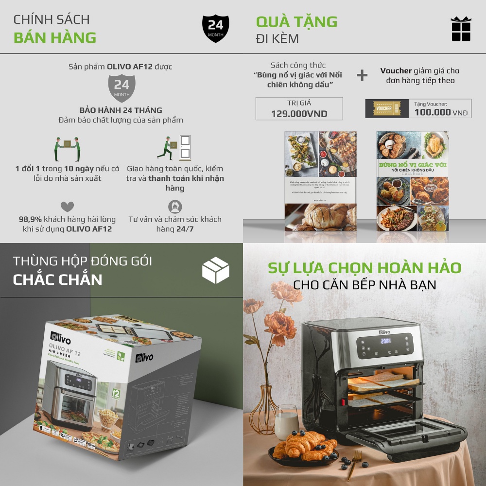 Nồi chiên không dầu Olivo AF12 Thương hiệu Mỹ - dung tích 12L - 8 chức năng - chiên gà nguyên con - bảo hành 24 tháng