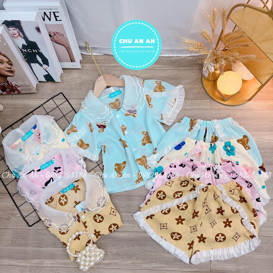 Set Pijama Lụa Mango Phối Cổ Ba Lá Hàng Thiết Kế Cao Cấp Tay Cộc .Bộ Ngủ Lụa Bé Gái Cao Cấp