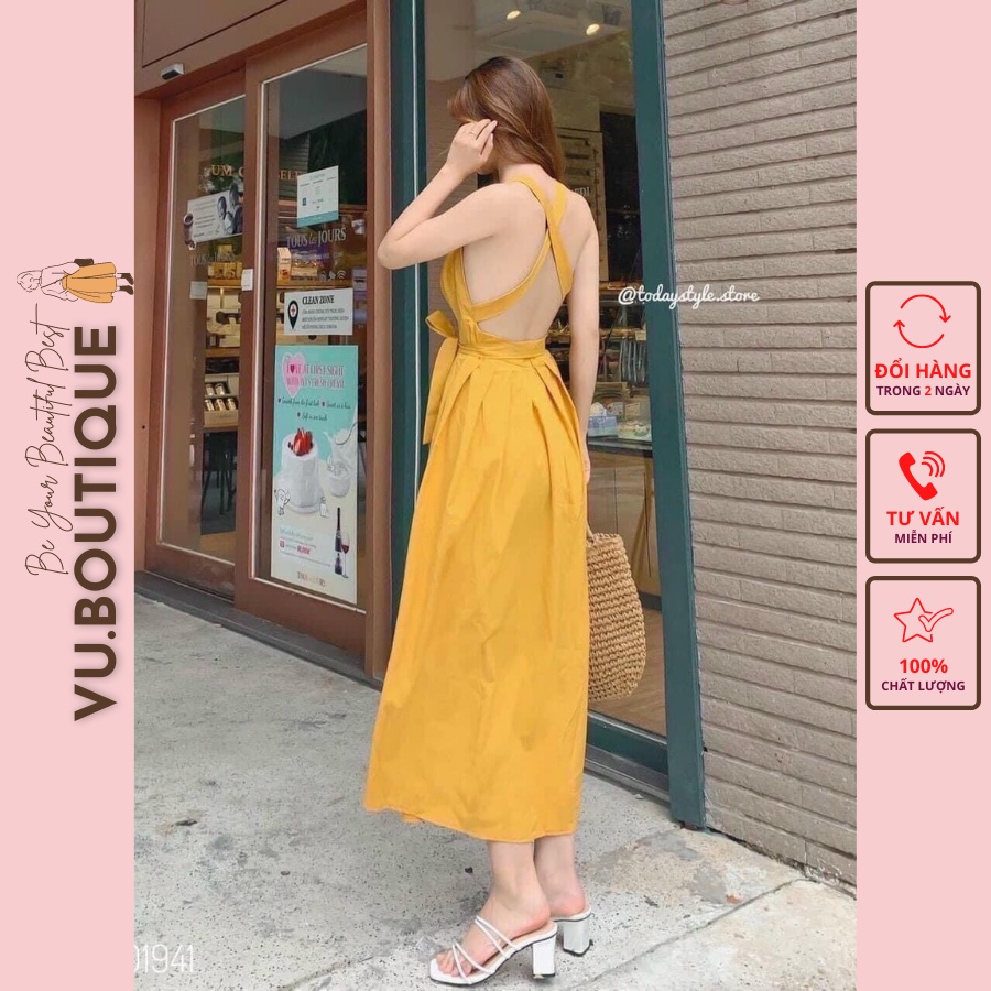 Đầm maxi cao cấp 2 dây vàng chéo lưng thắt eo xếp li nhiều mảnh VU M04