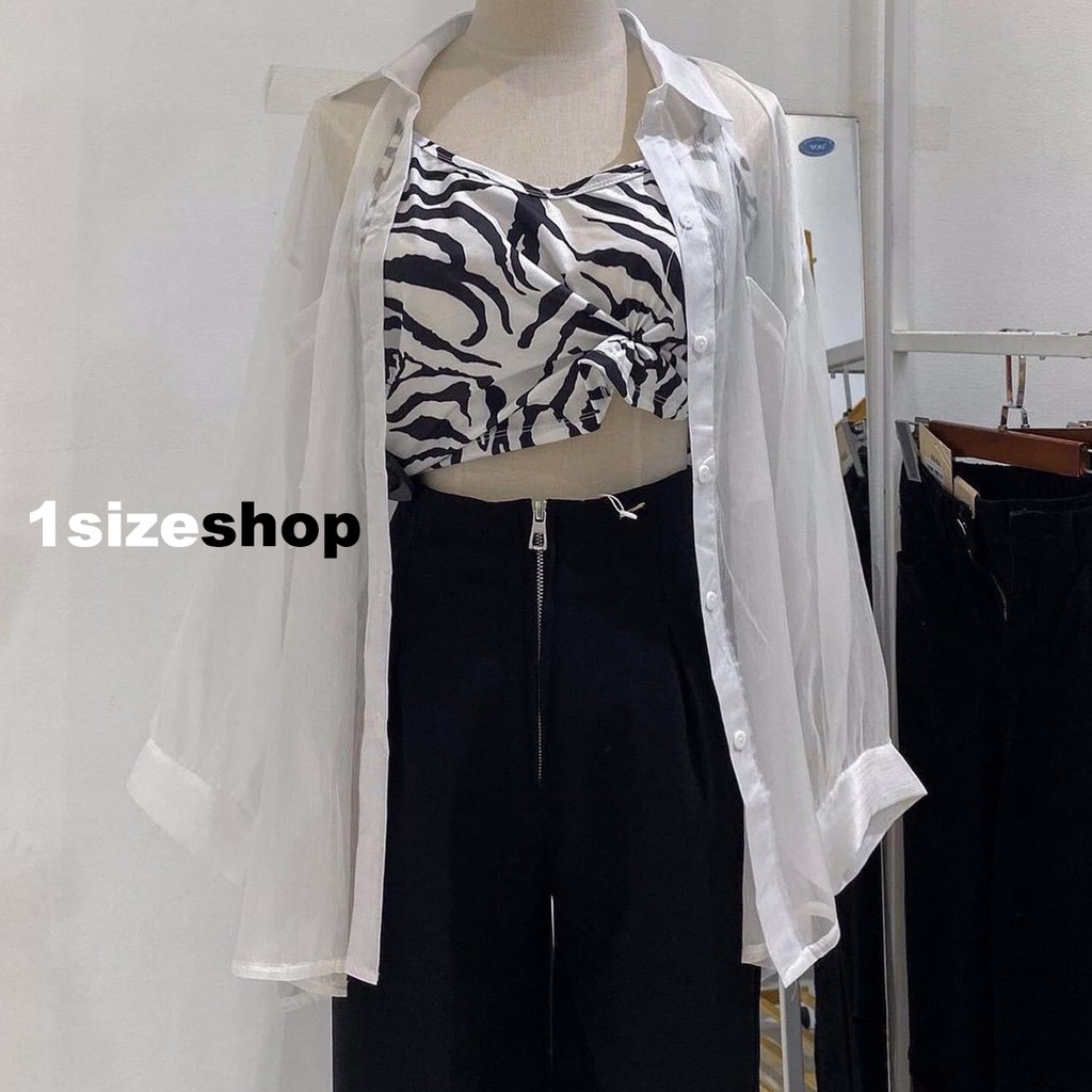 Set áo sơ mi voan trong dài tay mix áo hai dây croptop loang vằn đen 1sizeshop