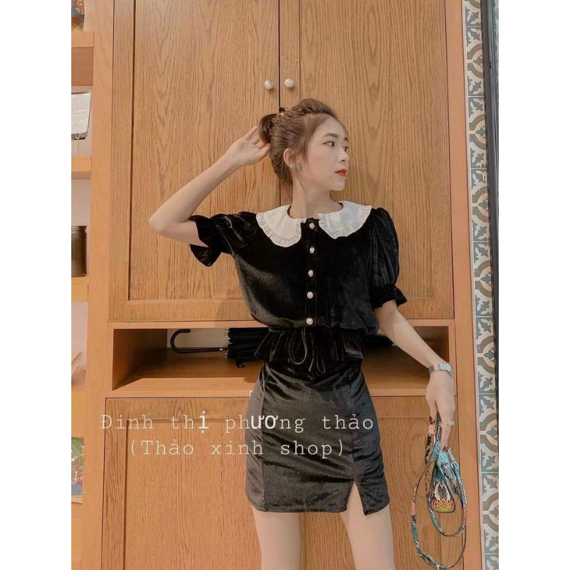 Set nhung áo đen cổ sen rút dây eo + chân váy xẻ