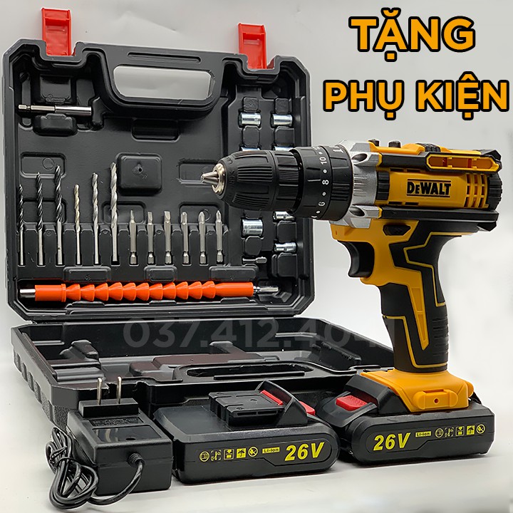 [ ĐẦY ĐỦ PHỤ KIỆN ] MÁY KHOAN PIN DEWALT 26V CÓ BÚA - KHOAN TƯỜNG, BẮT VÍT - 2 PIN 5 CELL - LÕI ĐỒNG