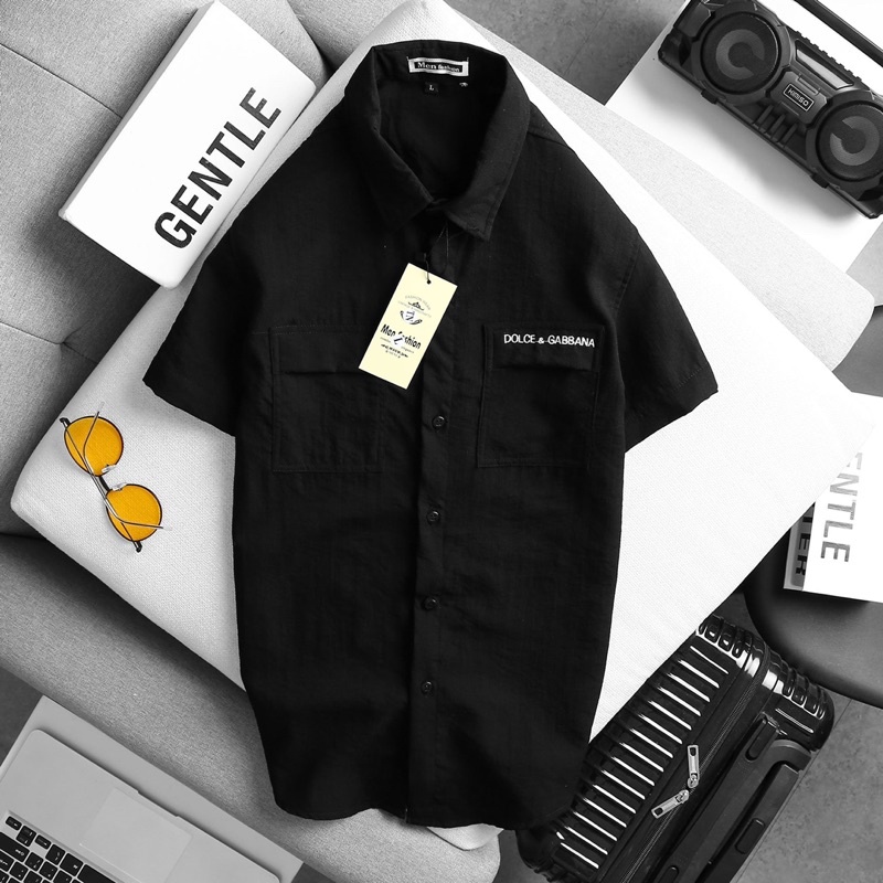 Áo sơmi đũi thêu chữ ở túi