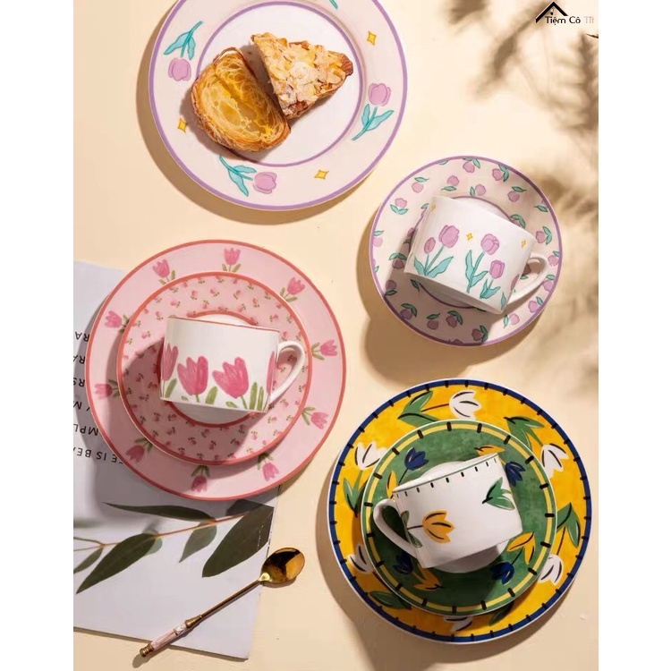Bộ tách trà và đĩa lót tách trà, bộ ly sứ uống trà, tách cafe bằng sứ cao cấp phong cách vintgae làm quà tặng sinh nhật