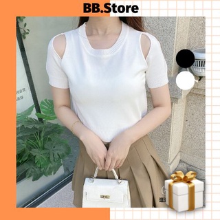 Áo len nữ croptop tay ngắn, áo croptop nữ tay ngắn khoét vai cổ tròn freesize < 55kg