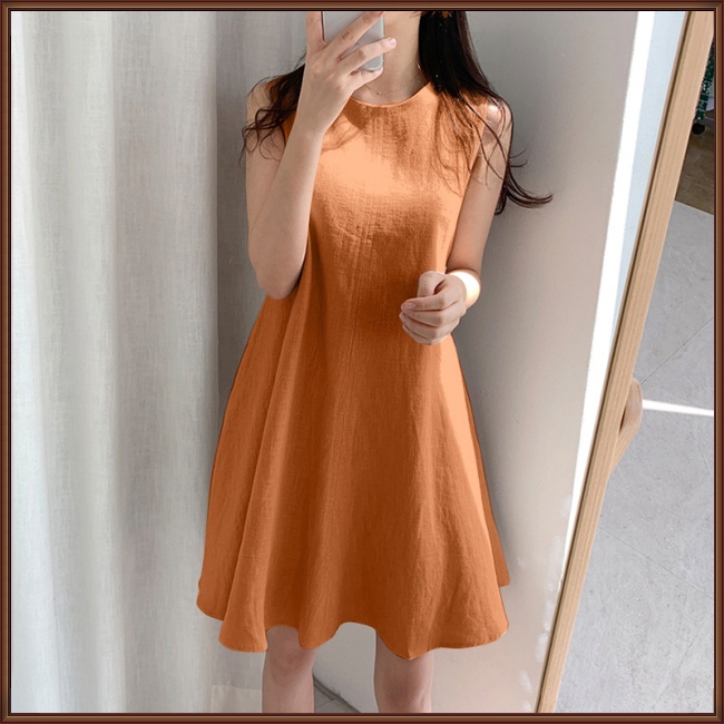 Đầm Ngắn Sát Nách Cổ Tròn Tròn Màu Trơn Bằng Vải Lanh Cotton Cho Nữ