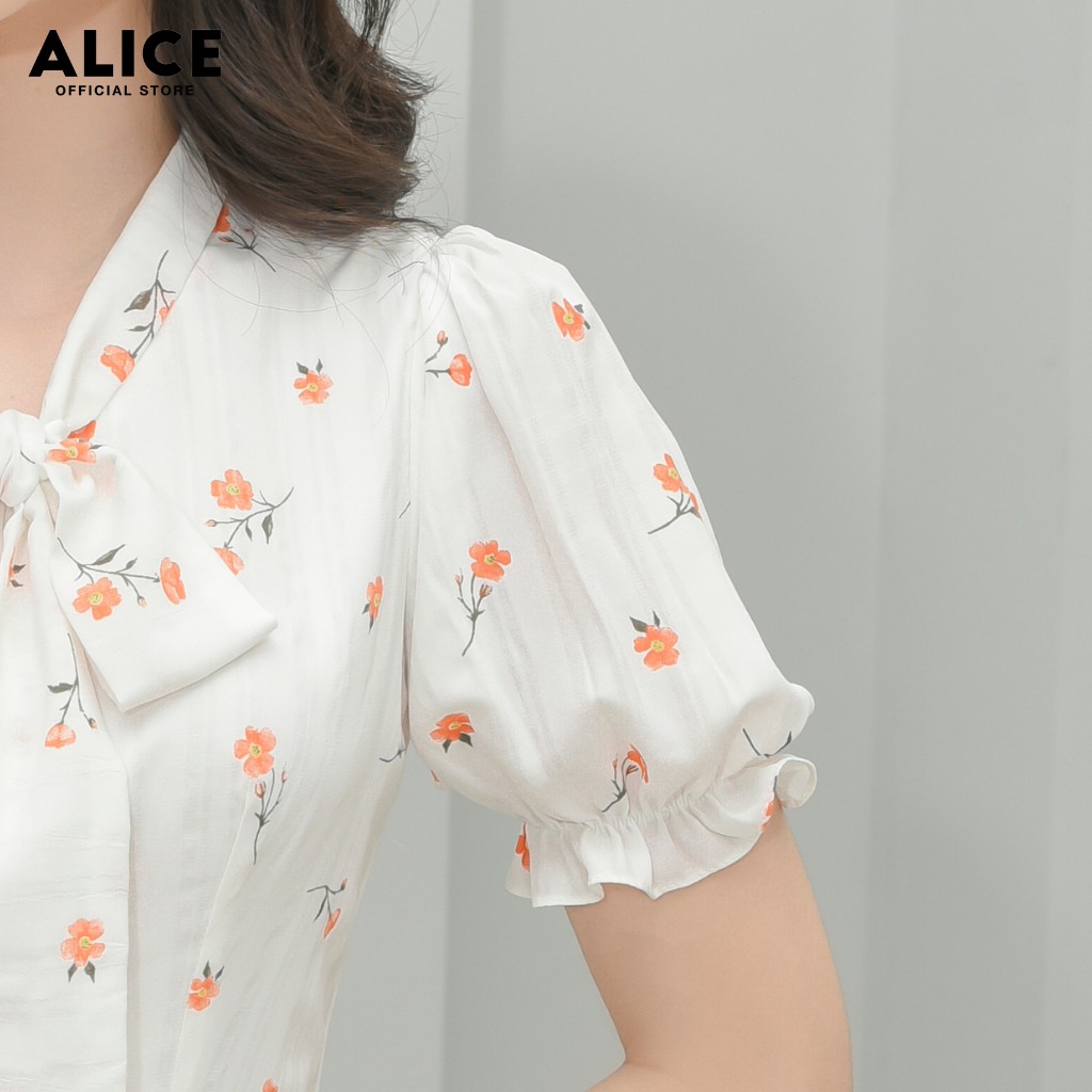 Đầm Trắng Thiết Kế Đẹp ALICE Dáng Xòe Cổ Chữ V Thắt Nơ Tay Bồng Chun Gấu Tay Họa Tiết Hoa Nhí V684 | BigBuy360 - bigbuy360.vn