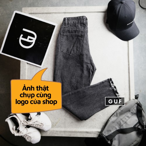 Quần Baggy Jean Nữ (Có Cả Bản Trơn Và Rách Gối) Cạp Cao Màu Đen Xám Khói Ôm Eo, Che Khuyết Điểm Thương Hiệu GUF