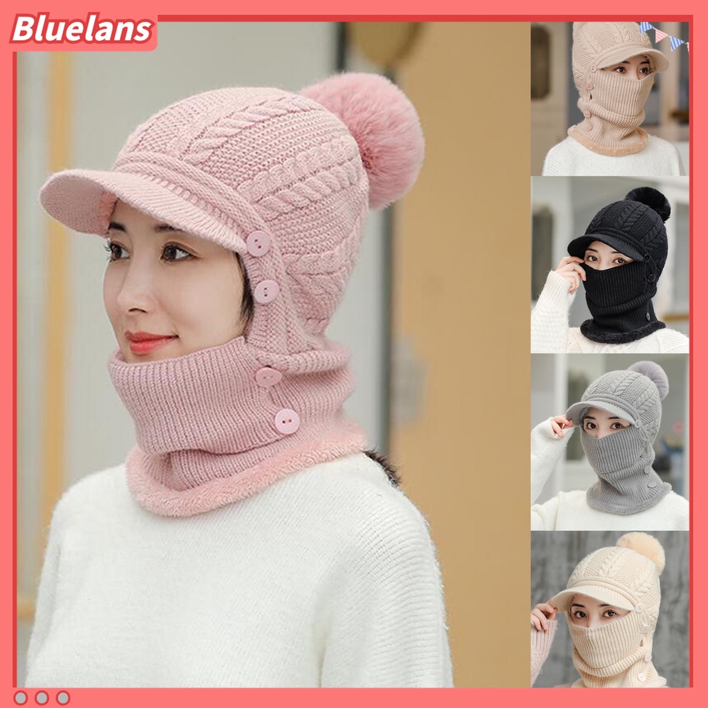 Mũ giữ ấm bằng vải len dệt kim có khăn choàng cổ tích hợp thiết kế màu trơn thích hợp cho hoạt động ngoài trời