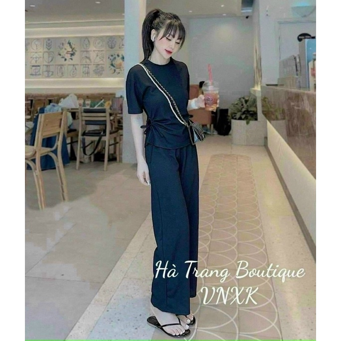 Sét bộ thời trang nữ mặc đi chơi chất thun gân  tay ngắn cổ tròn rút eo mix quần suông dài