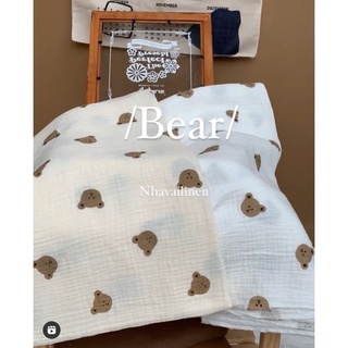Vải họa tiết muslin gấu bear nền be Nhà Vải Linen