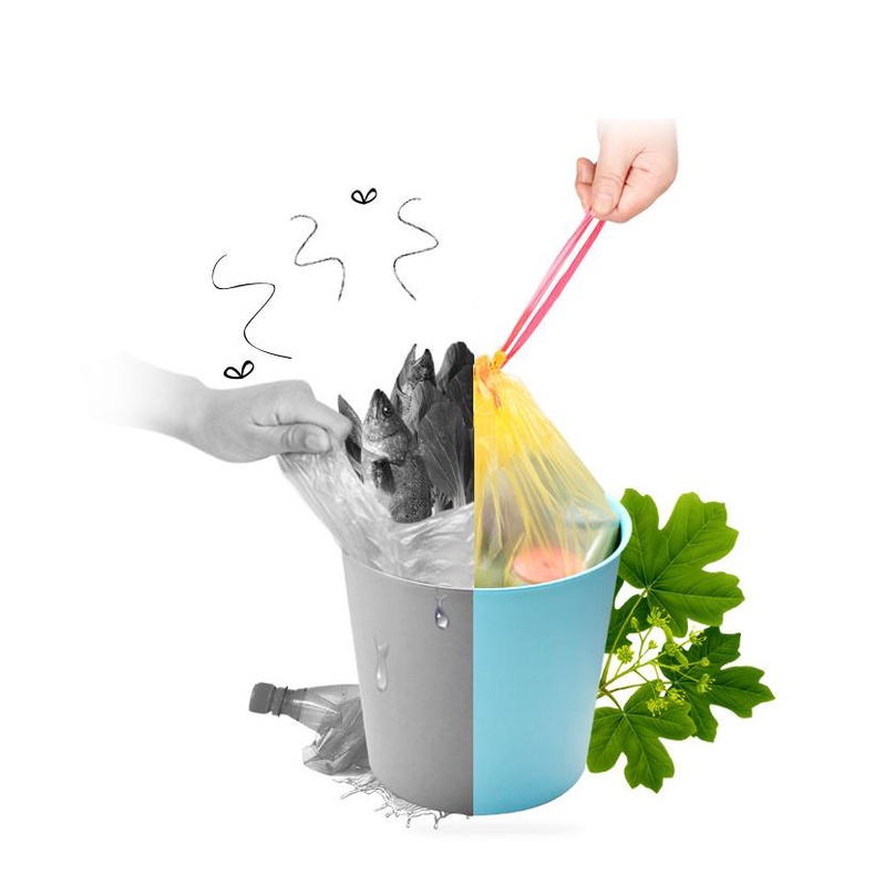 Set 5 Cuộn Túi Đựng Rác Tự Hủy Sinh Học, Có Dây Rút Tiện Dụng -Màu Đen