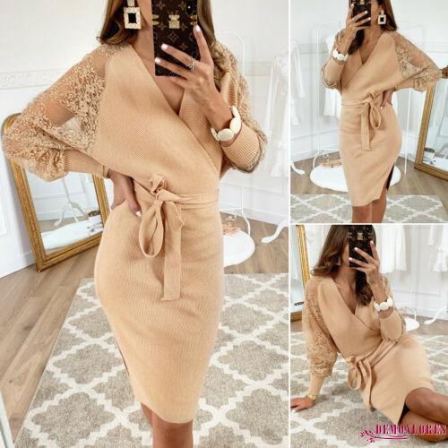 Đầm len đắp chéo cổ chữ V tay dài dáng cánh dơi phối ren thời trang cho nữ