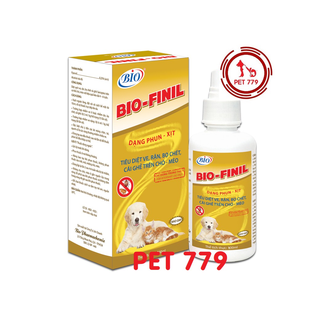 Thuốc phun xịt Bio Finil - Diệt ve, rận, bọ chét trên chó mèo 100ml