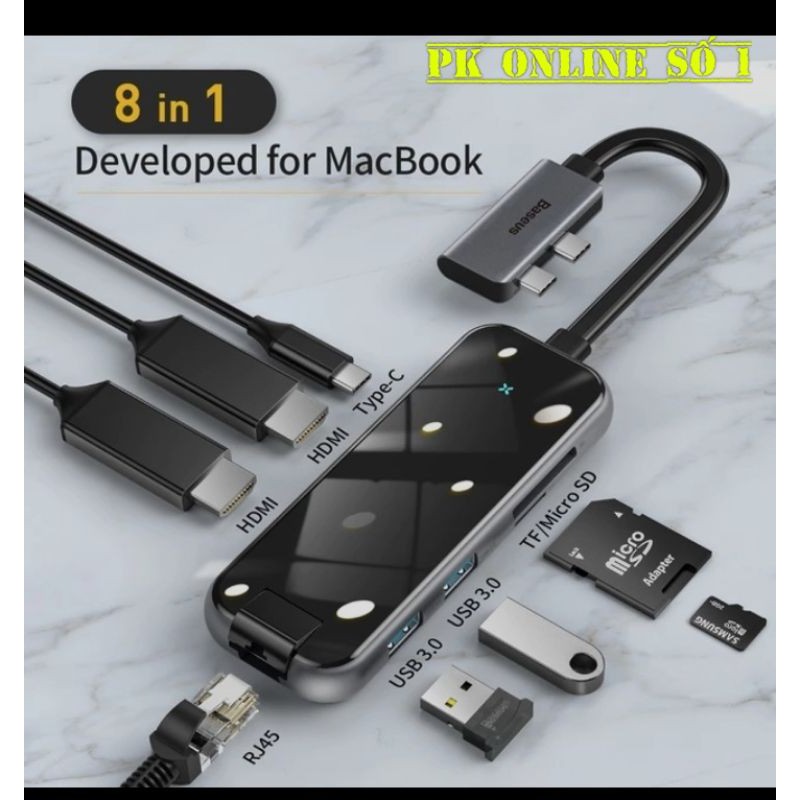 Hub Đa Năng Baseus Type-C Multifunctional HUB Adapter 8 IN 1 USB C HUB To HDMI USB 3.0 USB HUB Type-C Đầu Đọc Thẻ Kính