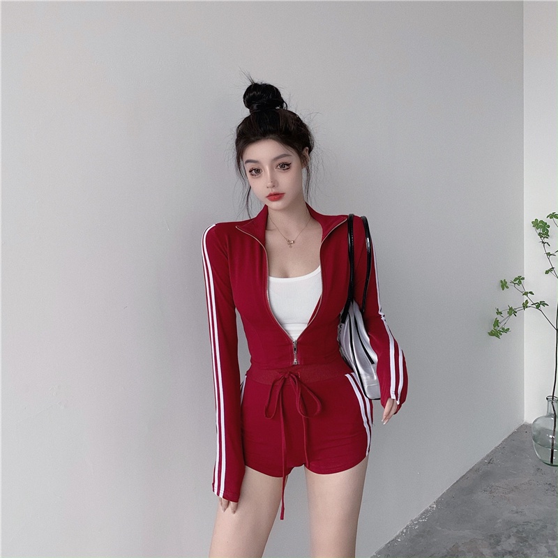 Bộ Áo Khoác Sweater Kẻ Sọc + Quần Short Lưng Cao + Áo Dây Rút Phong Cách Thể Thao Thời Trang Mùa Hè Cho Nữ