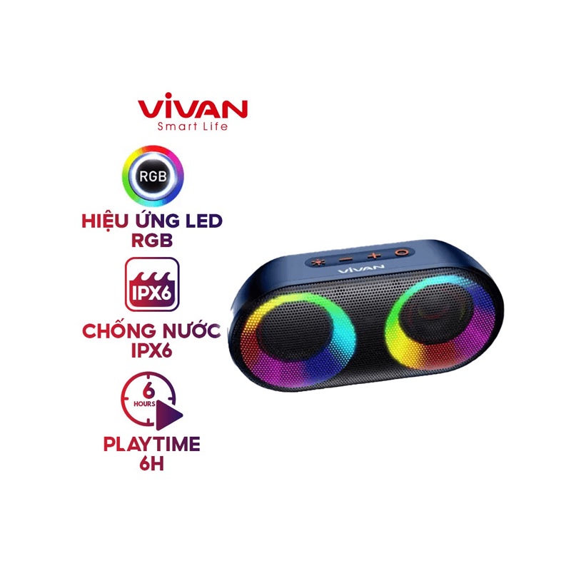 Loa Bluetooth 10W ViVan VS16 Pin 1500mAh Hỗ Trợ Thẻ nhớ SD/AUX Chống Nước IPX6 Hiệu Ứng Đèn Đèn Led RGB