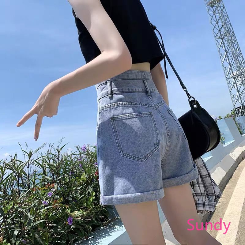 Quần Ngắn Vải Denim Lưng Cao Ống Rộng Thời Trang Dành Cho Nữ