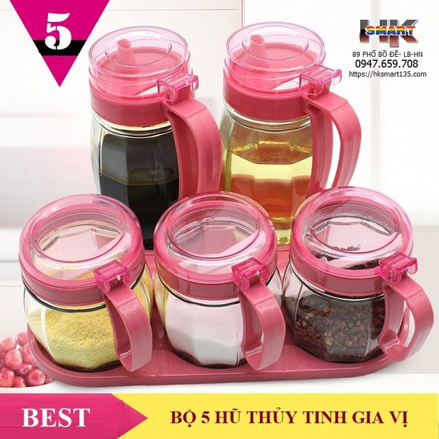 [Hủ Gia Vị Kèm Muỗng] ComBo 5 Hủ Đựng Gia Vị Thủy Tinh. Set Bộ 5 Hủ Gồm 2 Bình Rót Và 3 Hũ Đựng Chất Lỏng. Hủ gia vị có