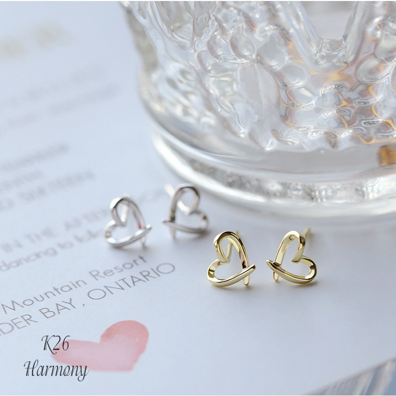 Bông tai, khuyên tai bạc nữ mạ vàng Little Heart trái tim nhỏ K26 | TRANG SỨC BẠC HARMONY