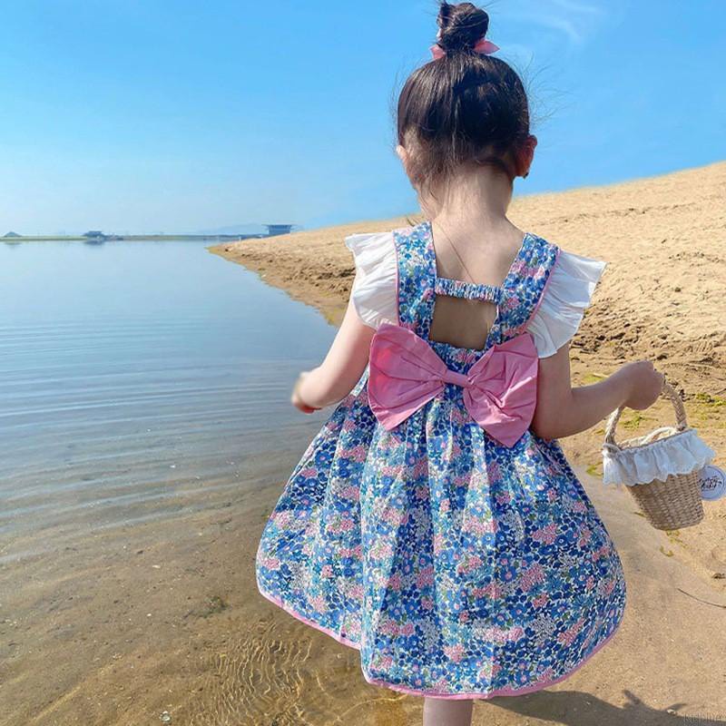 Đầm Hoa Hở Lưng Thắt Nơ Phong Cách Hàn Quốc Cho Bé Gái