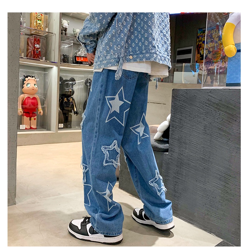 Quần jean ống rộng nam nữ unisex ♥️ 𝗗𝗜𝗡𝗢𝟮𝟬 𝗦𝗧𝗢𝗥𝗘 ♥️ quần jean in ngôi sao phong cách đường phố - J402