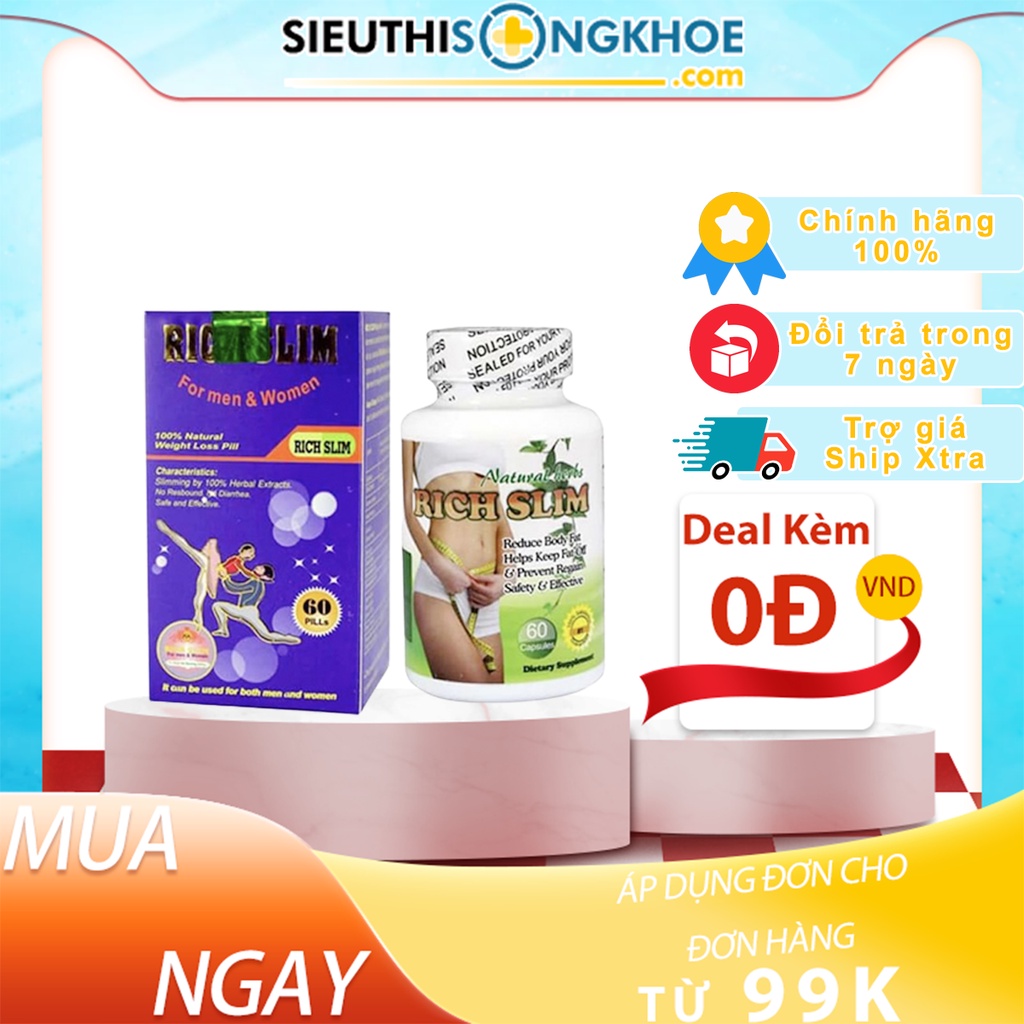 Viên Uống Rich Slim | Giảm Cân Giảm Mỡ Thừa, Bảo Vệ Đường Ruột, Đào Thải Độc Tố, Nhuận Tràng | Hộp 60 Viên