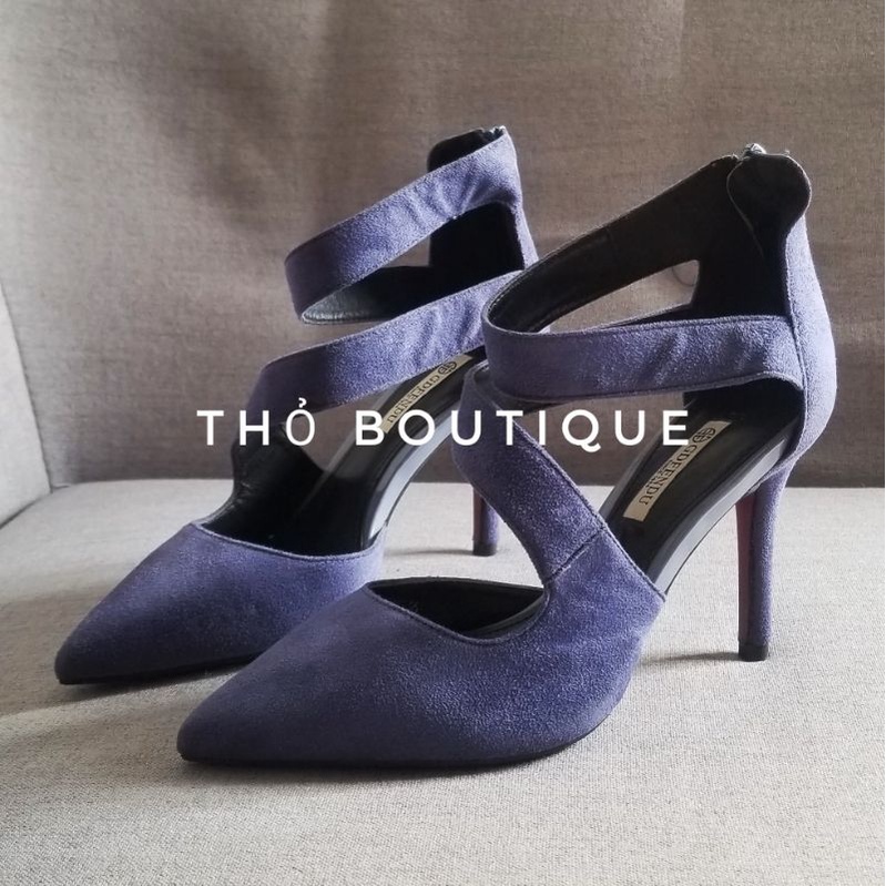 Giày cao gót GDFENDU chính hãng da lộn tím việt quất quai chéo cách điệu 9cm size 35 36 37