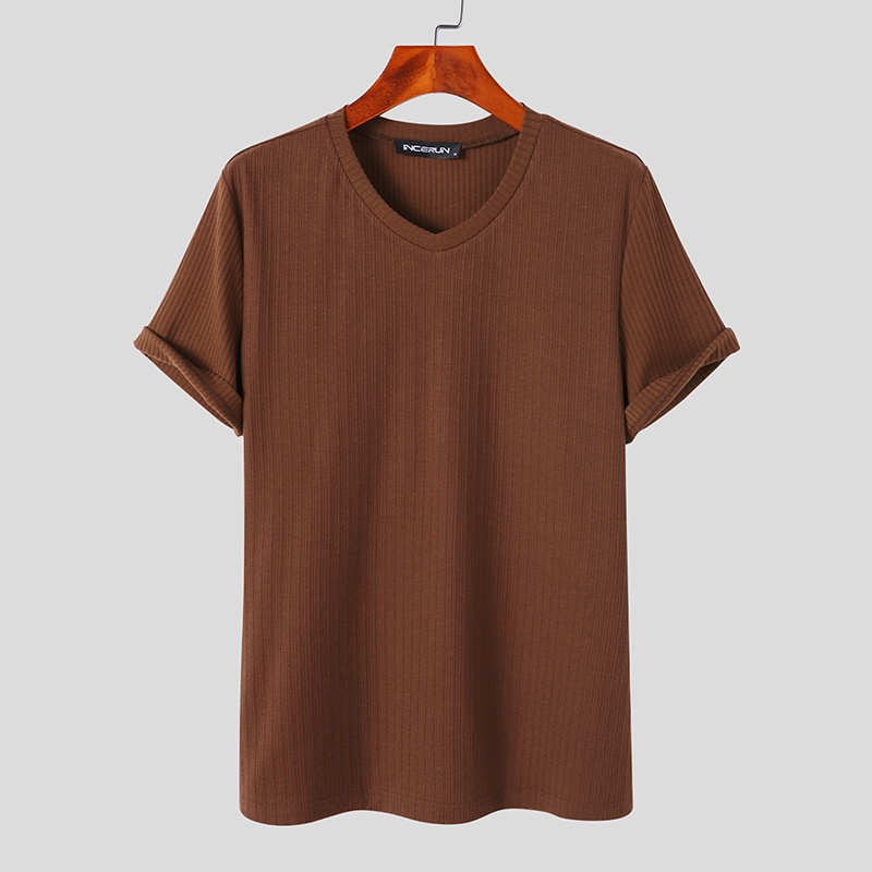 Áo thun INCERUN ngắn tay cổ chữ V màu trơn 3 màu sắc lựa chọn thời trang cho nam