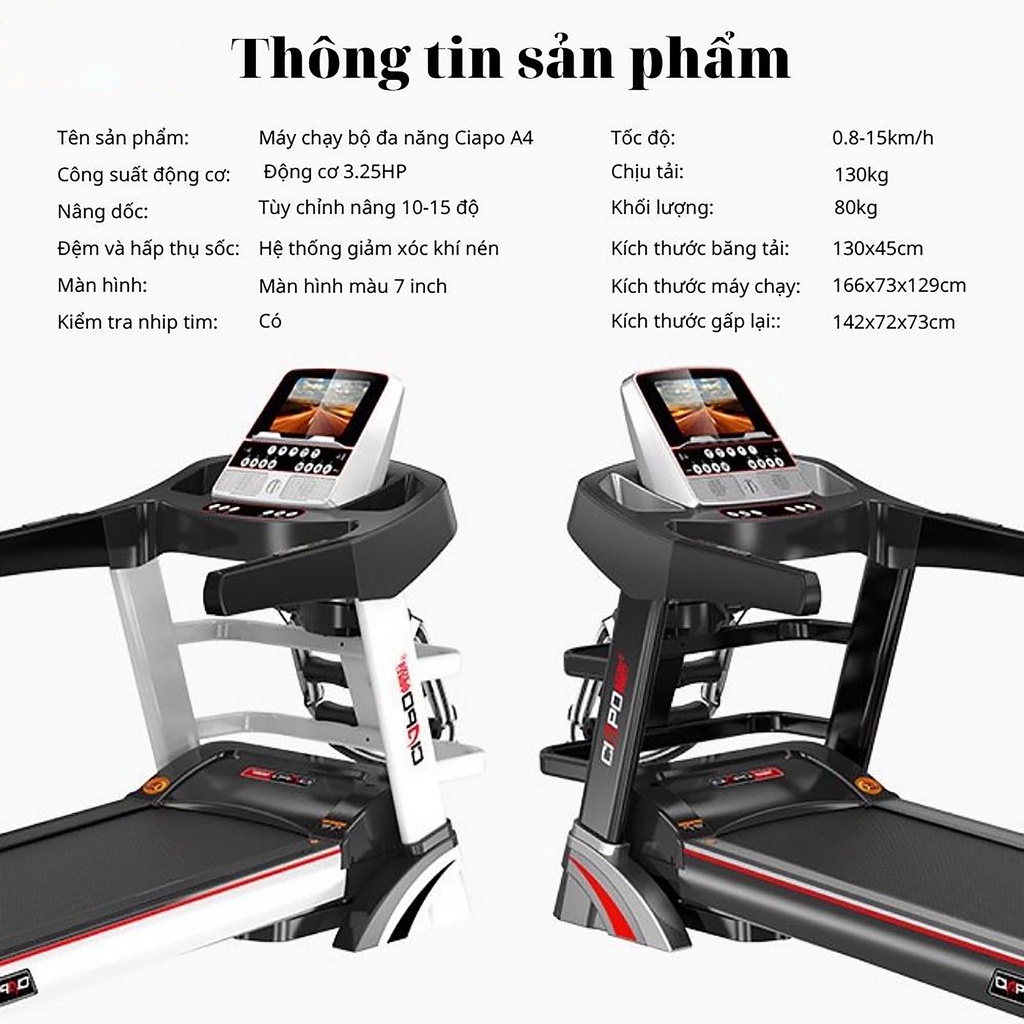 Máy Chạy Bộ Đa Năng Tại Nhà Cao Cấp CIAPO A4, Máy Chạy Bộ Gấp Gọn Tại Nhà Tốc Độ Tối Đa 16Km/h Chế Độ Nâng Dốc 15 Độ