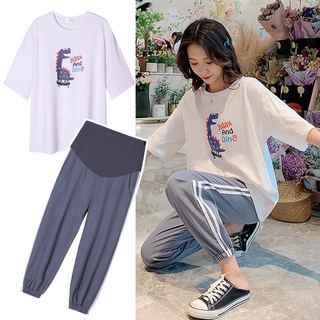 Set áo thun tay ngắn + quần thể thao xinh xắn thoải mái cho mẹ bầu