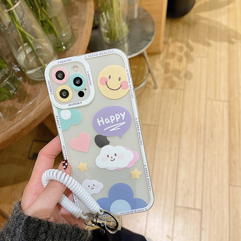 𝐂𝐨́ 𝐬𝐚̆̃𝐧 𝐜𝐡𝐨 𝐢𝐏𝐡𝐨𝐧𝐞 𝟏𝟑 Ốp mây Happy cute cạnh vuông chắc tay, không kèm móc lò xo