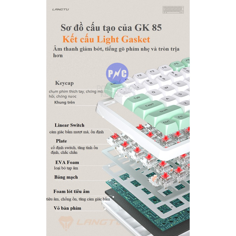 Bàn Phím Cơ Langtu GK85, 85 Phím, HOTSWAP, Led Rain Bow, Custom Golden Switch. 3 Chế độ/ Type C