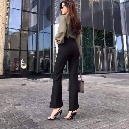 Quần Tây Ống Loe Cạp Cao Madela 2 Cúc Nâng Mông Tôn Dáng, Quần Cạp Cao Ống Loe Siêu Tôn Dáng - Qos101