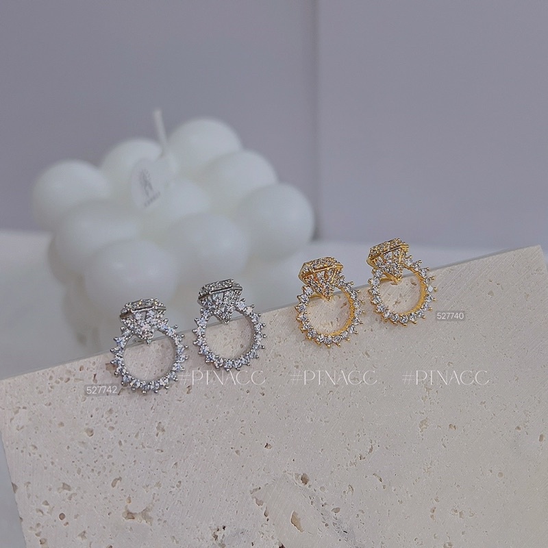 Bông tai, khuyên tai xi bạch kim hình kim cương đính vòng soàn kiểu Hàn Quốc .PTNACC.