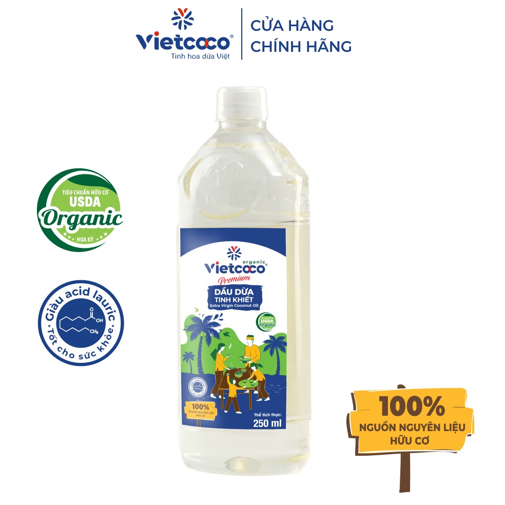 250ml - Dầu dừa tinh khiết Vietcoco Organic nấu ăn, dưỡng tóc, dưỡng mày, dưỡng môi