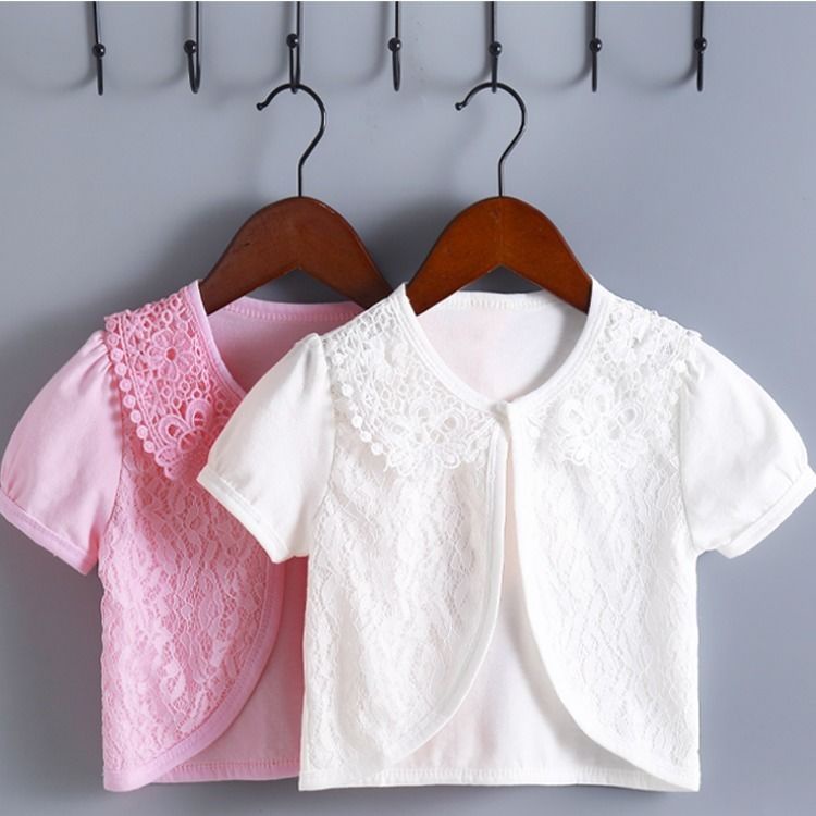 Áo Khoác Dệt Kim Tay Ngắn Vải Cotton Phối Ren Thời Trang Xinh Xắn Cho Bé Gái