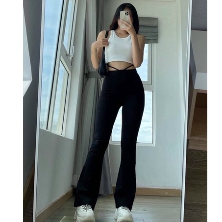 Quần ống loe cạp cao legging hack dáng dài chất vải co giãn màu đen trơn mềm Quần ống loe rộng gấu ôm đùi đi học công sở
