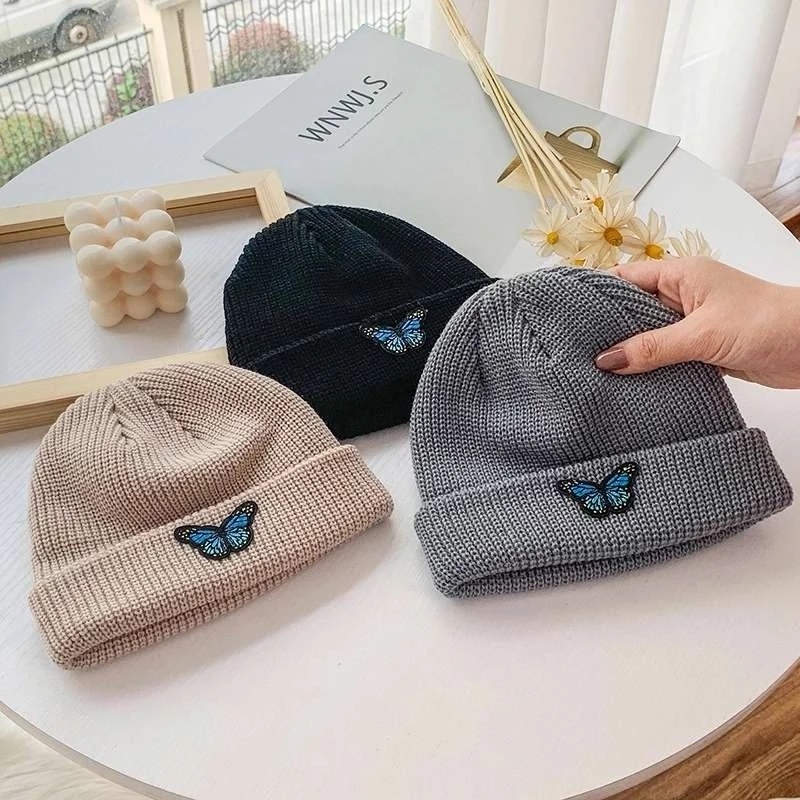 Mũ  dệt kim mềm co giãn thêu hình bướm thời trang mùa đông cho nam và nữ