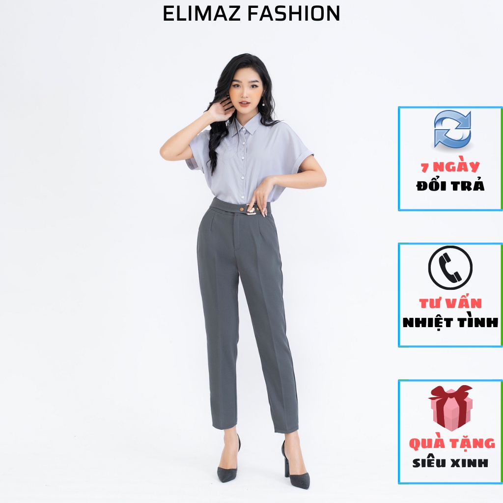 Quần Tây Âu Nữ Công Sở Lưng Cao Elimaz, dáng baggy nhẹ, trang trí đai hoa cúc sang trọng EQ20.012 -