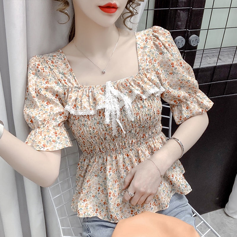 Áo Sơ Mi Chiffon Tay Ngắn Đính Nơ Phối Ren Thời Trang Hàn Quốc Cho Nữ